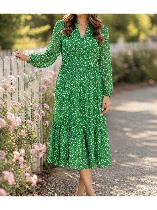 H&M Dresses & Skirts - H&M Green Floral Chiffon Maxi Dress Tiered Cottage Prairie Size XS Women's